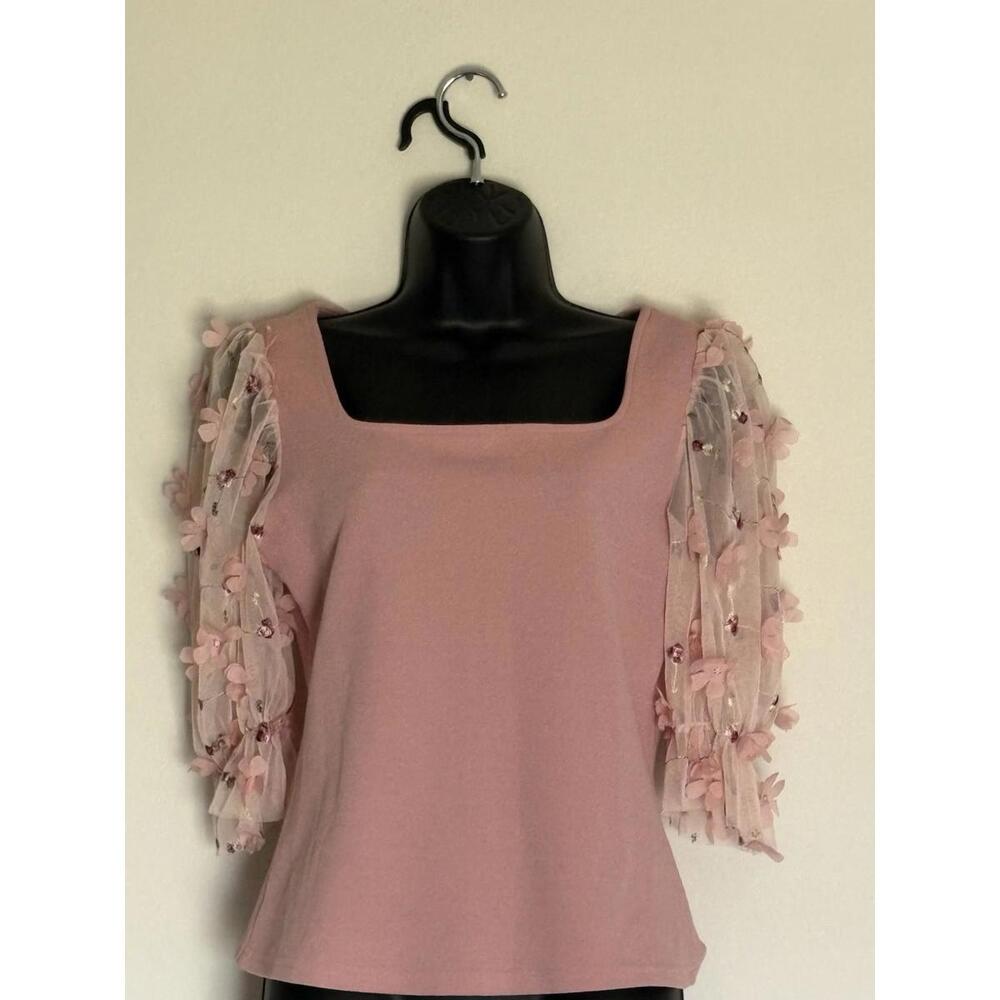 SHEIN Pink Blouse W/sheer Sleeves & Flowers Balletcore